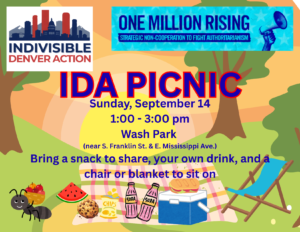 Flyer for the Indivisible Denver Action picnic on September 14. Image is a cartoon picnic with a blanket, chair, cooler, and event some ants!