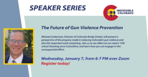 Flyer for The Future of Gun Violence Prevention, featuring a photo of the speaker, Michael Linderman.